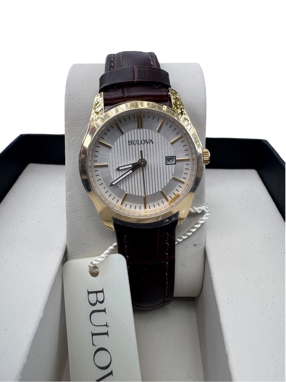 Mint BULOVA 97M114 GOLD TONE STEEL WOMEN'S WATCH 30MM  BROWN LEATHER BAND.